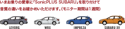 いまお乗りの愛車に「SonicPLUS SUBARU」を取り付けて音質の違いをお確かめいただけます。（モニター期間は1週間）